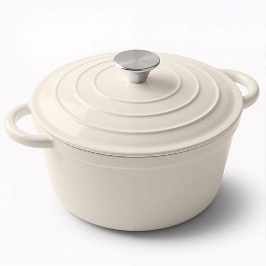Miereirl 6 Quart Enameled Dutch Oven Pot with Lid, Cast Iron Dutch Oven with Dual Handles for Bread Baking, Cooking, Non-stick Enamel Coated Cookware (Beige)