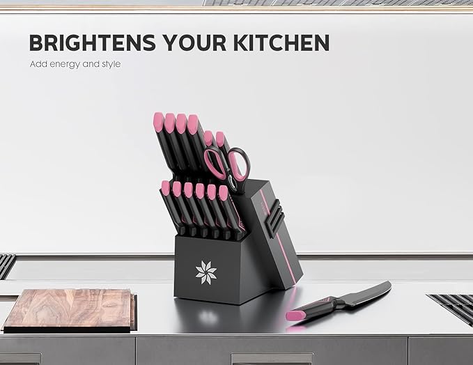 Knife Set - 15 PCS Kitchen Knife Set with Built-in Knife Sharpener Block - Stainless Steel Knife Block Set - Dishwasher Safe, Elegant Box for Her Women Wife, Fathers day, Pink