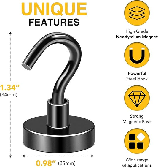 DIYMAG Magnetic Hooks, 85 LB Black Heavy Duty Strong Magnet with Hook, Rare Earth Neodymium Magnets for Hanging, Magnetics Hanger for Curtain, Home, Kitchen, Workplace, 12 Packs,