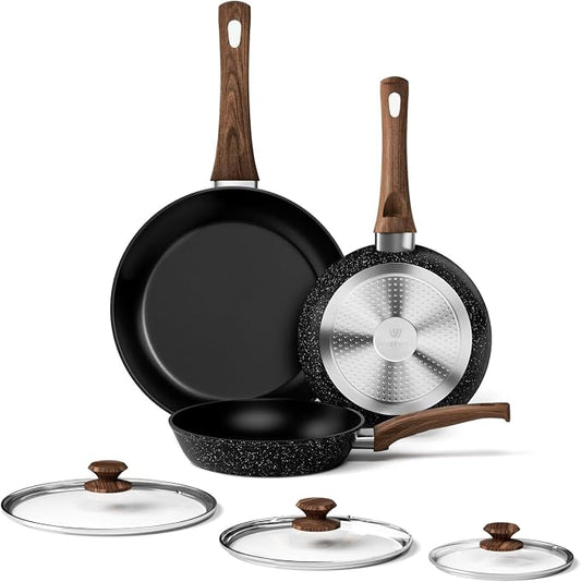 Frying Pan Set - 3 Pcs Nonstick Skillets With Lids, PFOA Free, Induction Compatible, Black