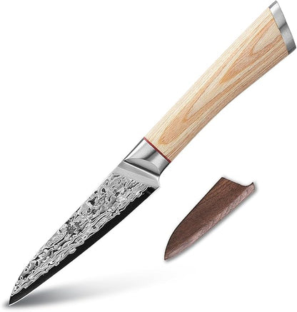 DONGSUN 4 Inch Damascus Paring Knife with North American Black Walnut Sheath, 67-Layer VG10 Forged Steel Japanese Fruit Knife, Professional Durable Sharpness