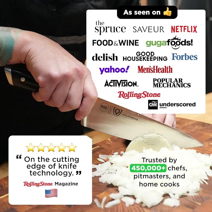 Dalstrong 8" Chef Knife — Forged High-Carbon German Steel, Full-Tang, Hand-Polished 16–18° Edge — Gladiator Series ELITE For Daily Home Cooking, BBQ Prep & Professional Kitchens — G-10, NSF