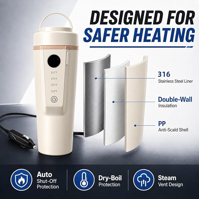 Car Electric Kettle 12V/24V Dual Voltage, Portable Travel Electric Kettle for Road Trips, Mini Small Water Boiler with 4 Temp Control, 316 Stainless Steel,16oz(Beige)