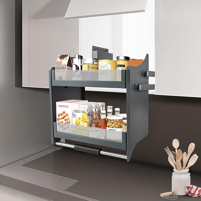 Pull Down Cabinet Organizer, 2-Tier Pull Down Shelf Wall Mount Cabinet with Pneumatic Damper System and 3-Gear Adjustable Bearing, Space-Saving Cabinet Organizer for Cabinet Inner Width≥23.6In
