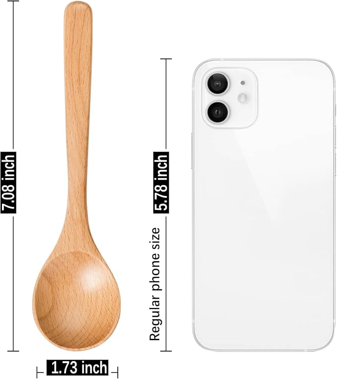 2 PCS Wooden Spoons for Eating, 7 inch Wooden Honey Spoons for Tea, Wood Teaspoons for Stirring Coffee, Beech Wood Table Spoon for Cooking, Small Serving Spoon for Soup, Desserts & Cereal