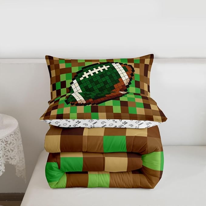Manfei American Football Kids Comforter Toddler Size,Pixelated Geometric Grid Quilt Set for Kids Boys Girls Bedroom Decor,Gamepad Video Games Bedding Set,Brown Green Duvet Insert,1 Pillowcase