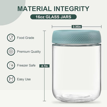 NETANY 6-pack 16oz Glass jars with Airtight Lids, Overnight Oats Containers with Lids, Wide mouth Mason Salad jars, Glass Food Storage Containers for Snacks Yogurt Spice Sugar - Green