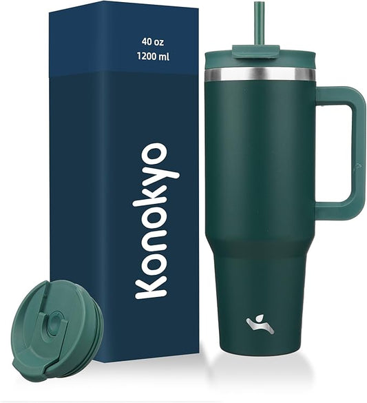 Konokyo 40 oz Tumbler with Handle and 2 Straws,2 in 1 Lid Insulated Water Bottle Stainless Steel Travel Coffee Mug,Dark Green