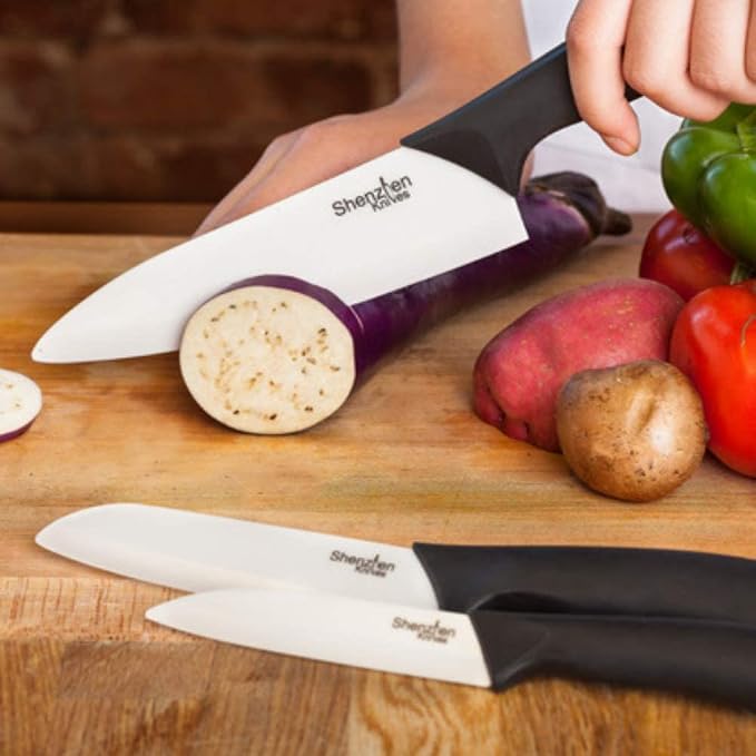 Shenzhen Knives White Ceramic Knife Set - 3-Piece Kitchen Knives Bundle: 6" Chef's, 5" Slicing, and 4" Paring Knife. Lightweight Kitchen Cutlery for Precision Slicing and Cooking