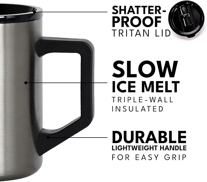 Elemental Insulated Coffee Mug - Triple Wall Stainless Steel Summit Travel Cup for Hot and Cold Drinks - Thermal Coffee Mug with Lid and Handle for Camping, Office & Travel 16oz - Gunmetal