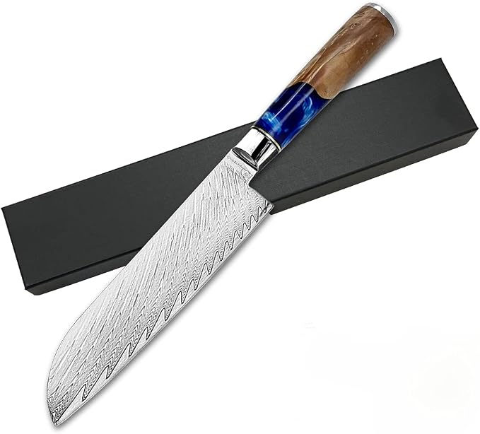 Real Damascus Steel Santouku Knife VG-10 Core Japanese Steel Kitchen Knives for Meat & Vegetable, Cooking Cutlery with Sheath
