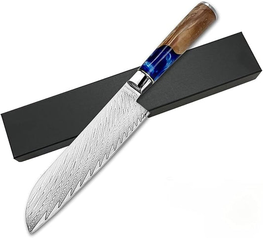 Real Damascus Steel Santouku Knife VG-10 Core Japanese Steel Kitchen Knives for Meat & Vegetable, Cooking Cutlery with Sheath