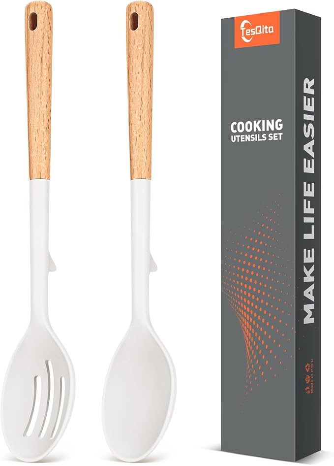 Large Silicone Slotted Spoon&Spoon with Wooden Handle for Nonstick Cookware,Kitchen Cooking Spoons for Mixing, Serving& Stirring,Heat-Resistant Utensils Spoon Set of 2,BPA Free (White)