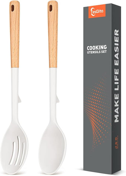 Large Silicone Slotted Spoon&Spoon with Wooden Handle for Nonstick Cookware,Kitchen Cooking Spoons for Mixing, Serving& Stirring,Heat-Resistant Utensils Spoon Set of 2,BPA Free (White)