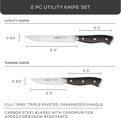 JoyJolt 2pc Kitchen Knife Set. 5.5” Utility Knife and 3.5” Paring Knife. High Carbon, x50 German Steel Tomato Knife, Magnetic Gift Boxed.