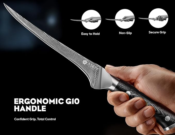 Damascus Fillet knife 7 Inch - Ultra-Sharp Fillet Knife for Fish and Meat, Professional Japanese Boning Style with VG10 Steel Core, Full Tang G10 Handle, Elegant Box