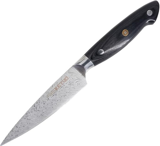 Ketuo Professional Chef Knife Damascus Carbon Steel with Laser Pattern Blade and Black Pakka Wood (5 Inch Utility Knife)
