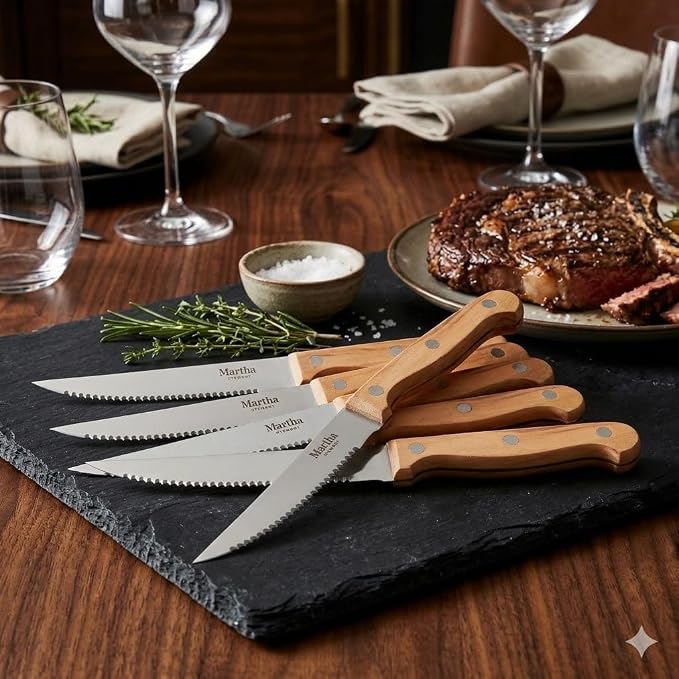 Martha Stewart Austenwood 15-Piece Knife Block Set, German Stainless Steel Kitchen Knives with Forged Italian Olive Wood Handle