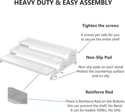 Expandable Spice Rack organizer with 3-Tier step shelf,Modern Design heavy duty,Non Skid and Visibility,Great for Kitchen Cabinet,Bathroom,dressing table,Cupboard, Pantry and more(1PACK/WHITE)
