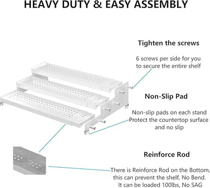 Expandable Spice Rack organizer with 3-Tier step shelf,Modern Design heavy duty,Non Skid and Visibility ,Great for Kitchen Cabinet,Bathroom,dressing table,Cupboard, Pantry and more(2PACKS/WHITE)