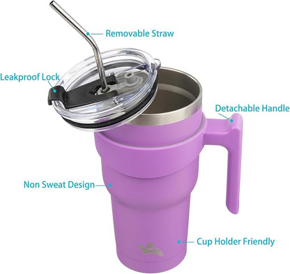 Konokyo 40 oz Tumbler with Handle and 2 Straw 2 Lid, Insulated Water Bottle Stainless Steel Vacuum Cup Reusable Travel Mug,Lavender