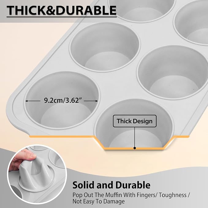 Jumbo Silicone Muffin Pan with Metal Frame, Non Stick Silicone Cupcake Pan with Handles 6 Cup, BPA Free Silicon Muffin Tin Tray Extra Large for baking, egg bites, Cupcake Mold Light Grey