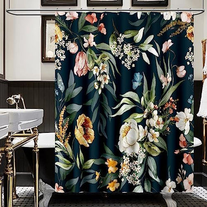 Amaredom Black Floral Shower Curtain with 12 Metal Hooks, 72x72 Inches