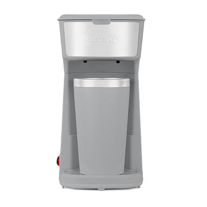Holstein Housewares Personal Coffee Maker with 14oz Travel Mug – Compact One-Touch Brew Machine with Reusable Filter, Auto Shut-Off, Non-Stick Plate, Ideal for Home, Office, or Dorm. Grey
