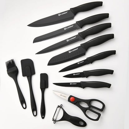 19-Piece Stainless Steel Kitchen Knife Set, Built-in Knife Sharpener, Dishwasher Safe, Ergonomic Non-Slip Handles, 6 Steak Knives, Black