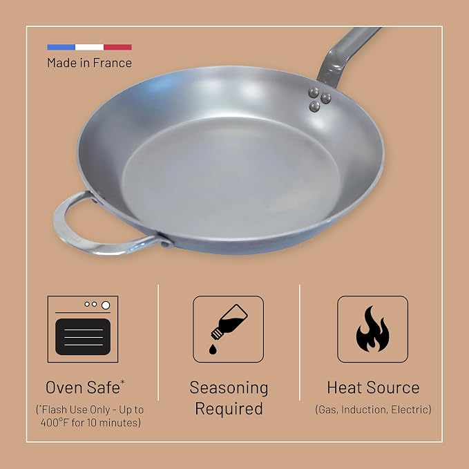 de Buyer MINERAL B Carbon Steel Fry Pan - 12.5” Diameter, 9” Cooking Surface - Ideal for Searing, Sauteing & Reheating - Naturally Non-Stick Finish - Made in France
