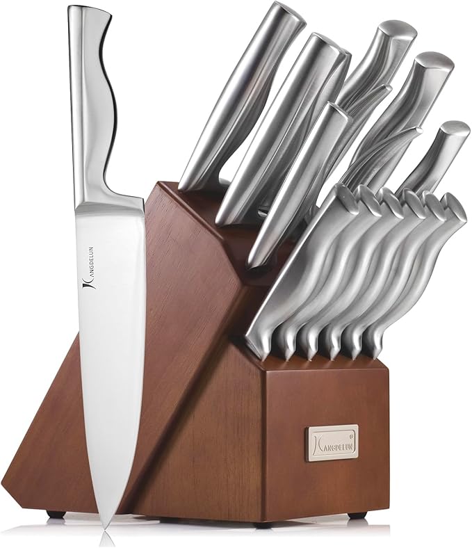 Kangdelun 15-Piece Ultra Sharp Kitchen Knife Set with Wooden Block, Exclusive Ergonomic Anti-Slip Handle, High-Carbon 50CR15MOV Steel, Angled Design, Dark Brown Wood Block