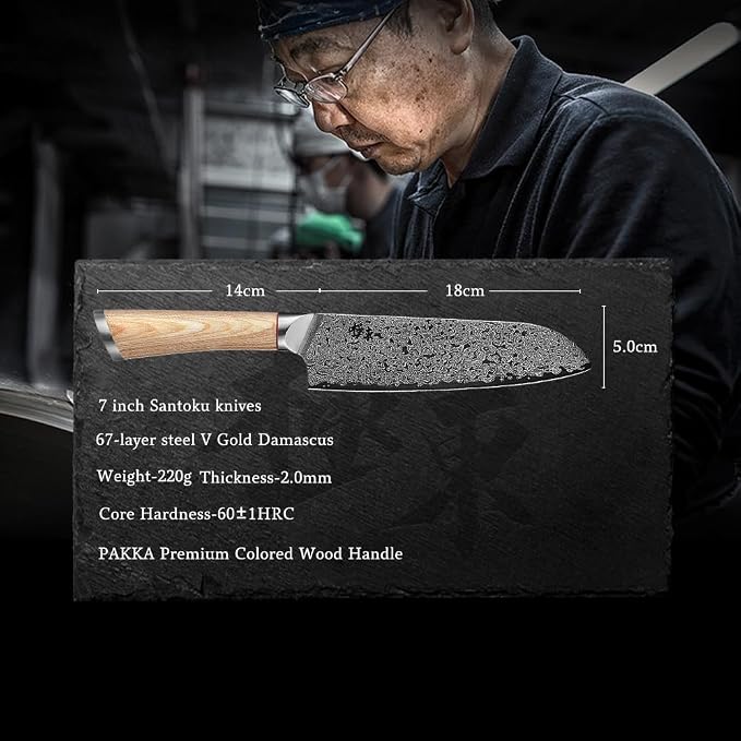DONGSUN 7 Inch Damascus Santoku Knife with North American Black Walnut Sheath, 67-Layer VG10 Forged Steel Japanese Kitchen Knife, Professional Durable Sharpness