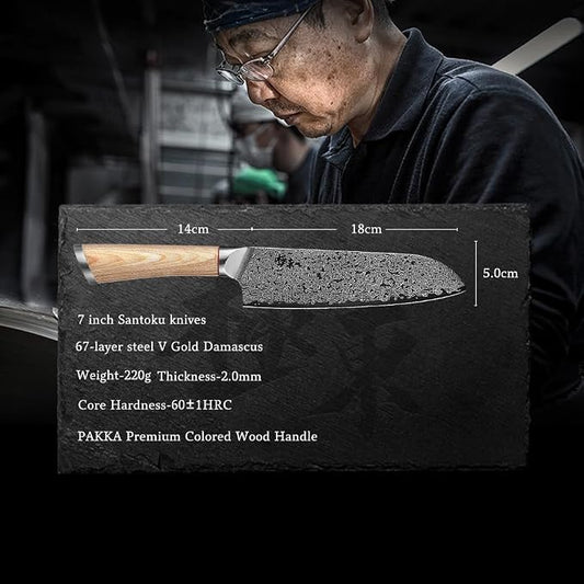 DONGSUN 7 Inch Damascus Santoku Knife with North American Black Walnut Sheath, 67-Layer VG10 Forged Steel Japanese Kitchen Knife, Professional Durable Sharpness