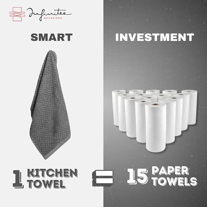 Infinitee Xclusives 100% Cotton Kitchen Towels - 15x25 Inch Ultra Soft Tea Towel, Super Absorbent Terry Dish Towels for Kitchen Linens |Grey|