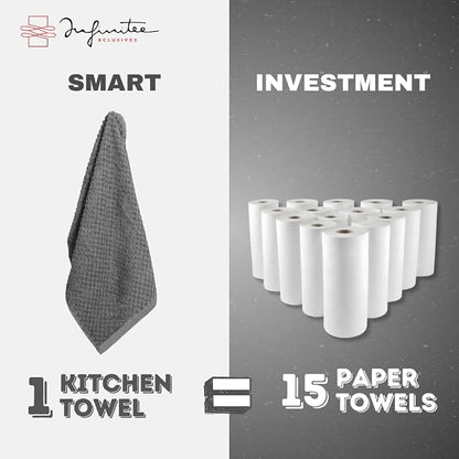 Infinitee Xclusives 100% Cotton Kitchen Towels - 15x25 Inch Ultra Soft Tea Towel, Super Absorbent Terry Dish Towels for Kitchen Linens |Grey|