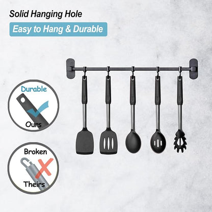 Silicone Spatula and Cooking Spoon,5 Pack Non-Stick Cooking Utensils for Kitchen，Heat Resistant Solid & Slotted Spoons and Spatulas, Stainless Steel Handle Coated with Silicone,Black