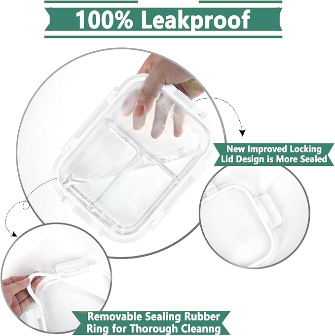 HOMBERKING 8 Pack Glass Meal Prep Containers 3 Compartment, 36oz Glass Food Storage Containers with Lids, Airtight Lunch Bento Boxes, Leak Proof (8 lids & 8 Container) - Light White