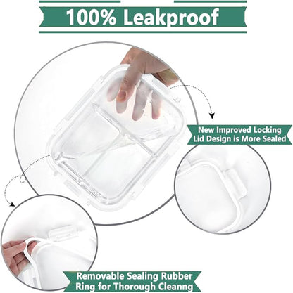 HOMBERKING 8 Pack Glass Meal Prep Containers 3 Compartment, 36oz Glass Food Storage Containers with Lids, Airtight Lunch Bento Boxes, Leak Proof (8 lids & 8 Container) - Light White
