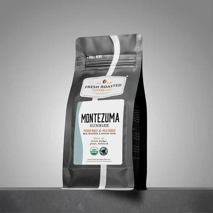 Fresh Roasted Coffee, Organic Montezuma Sunrise Whole Bean Coffee, Medium Roast, USDA Organic, 3rd Party Tested for Mold, Mycotoxin & Pesticides, Kosher, 12 oz