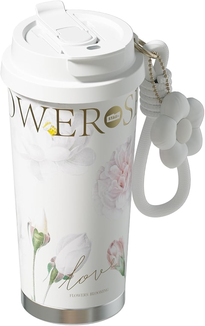 Insulated Travel Coffee Mug,18 oz Stainless Steel Coffee Tumbler with Flip Straw, Double Wall Thermal Cup with Leak Proof Lid,Reusable Ceramic Water Bottle for Office,White