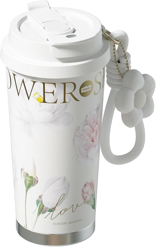 Insulated Travel Coffee Mug,18 oz Stainless Steel Coffee Tumbler with Flip Straw, Double Wall Thermal Cup with Leak Proof Lid,Reusable Ceramic Water Bottle for Office,White