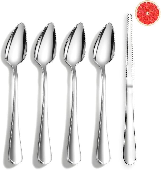 Berglander Grapefruit Spoons and Grapefruit Knife 5 Pieces, Stainless Steel Grapefruit Spoon Utensil Set, Serrated Edge Thick Handle Tool for Grapefruit, Kiwi, Apple, Citrus Fruit & Dessert