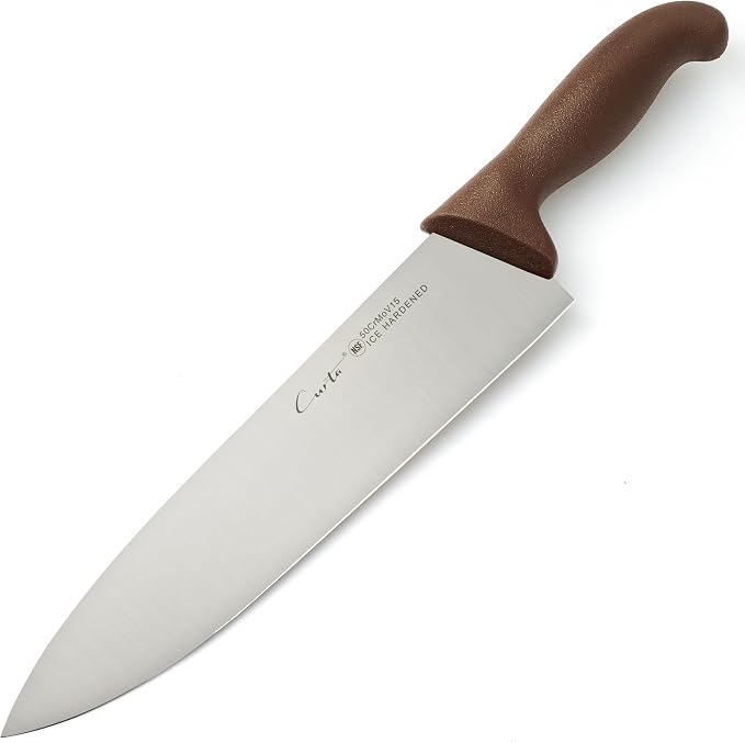 CURTA 10-inch Commercial-Grade Chef's Knife, NSF Listed, Ergonomic, Non-slip Brown Handle, High Carbon 420 Stainless Steel Forged Blade Straight Edge, Dishwasher Safe, Rust Proof
