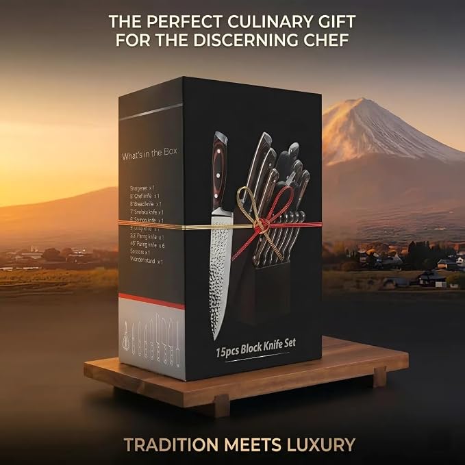 Methway Knife Set, 15-Piece Kitchen Knife Set with Block, High Carbon Stainless Steel Japanese Knife Set, Sharp Hammered Finish, Full Tang, Ergonomic Wood Grain Handle, Dishwasher Safe, Brown