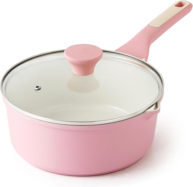 SENSARTE Ceramic Nonstick Saucepan with Double Pouring Spout 3.0 Quarts, Cooking Pot with Stay Cool Handle, Induction Compatible, Ceramic Coating, Free of Intentionally Added PFOA/PFAS, Pink