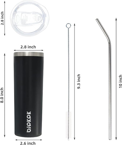 BJPKPK Black Skinny Stainless Steel Tumblers 20 oz Slim Insulated Reusable Coffee Travel Water Tumbler Cup With Lid