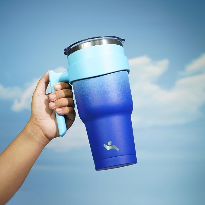 Konokyo 30 oz Tumbler with Handle and 2 Straw 2 Lid, Insulated Water Bottle Stainless Steel Vacuum Cup Reusable Travel Mug,Sky