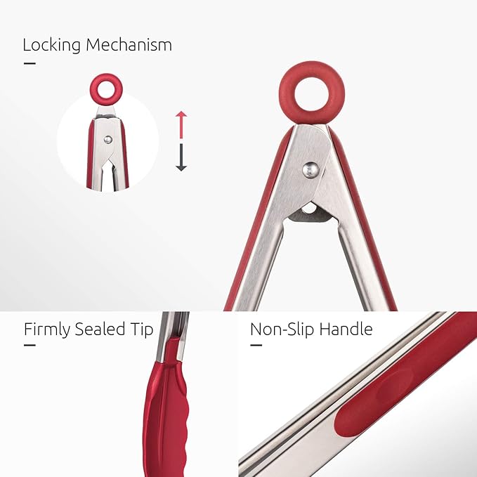 Kitchen Tongs, U-Taste 7/9/12 inches Cooking Tongs, with 600ºF High Heat-Resistant Non-Stick Silicone Tips, 18/8 Stainless Steel Handle, for Food Grill, Salad, BBQ, Frying, Serving, Pack of 3(Red)