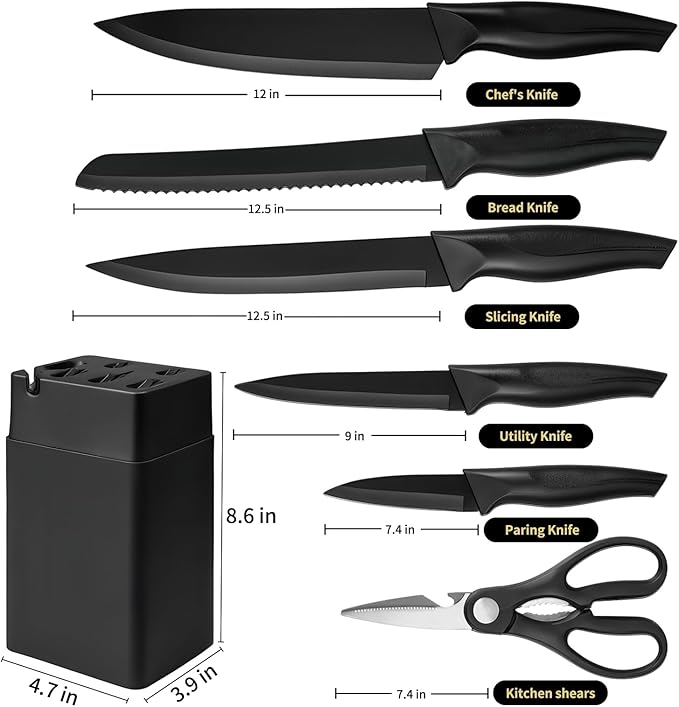 Kitchen Knife Set with Knife Block,7-Piece Kitchen Knife Block Set, Knife Set with Block with Built-In Sharpening Block,Dishwasher Safe