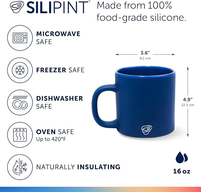 Silipint 16oz Silicone Coffee Mug – Unbreakable Dishwasher Safe Microwave Oven & Freezer Compatible Travel Mug – Non-Toxic Reusable Cup for Hot Coffee Tea or Cold Drinks, Classic Blue - Pack of 2